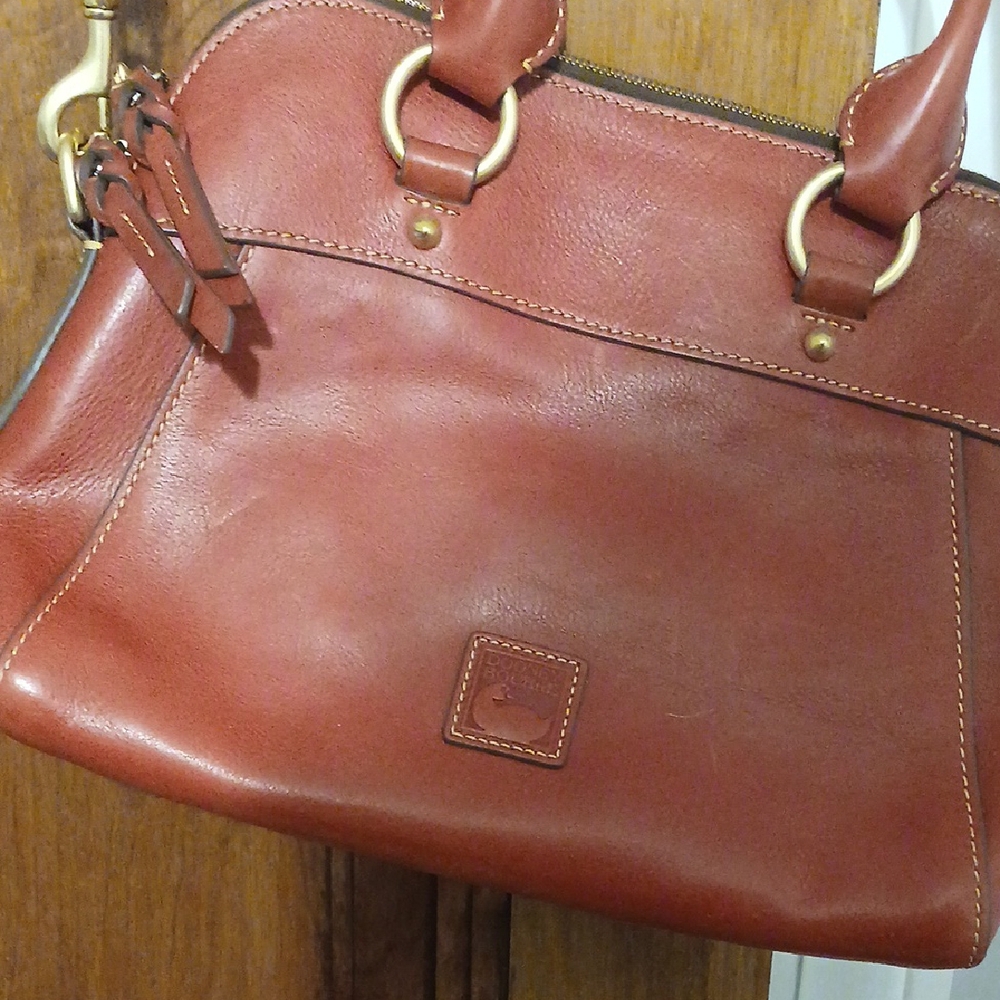 Dooney & Bourke Red and Brown Leather Satchel with Gold Accents